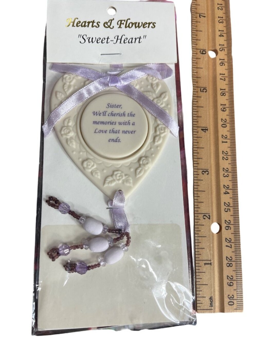 Hearts & Flowers "Sweet-Heart" Porcelain Ornament With Ribbon & Beads Sister Des